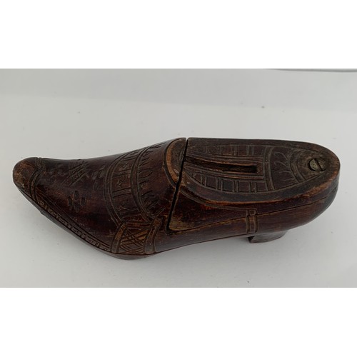 106 - Antique Carved Wood Money Box In The Shape Of A Shoe With Sliding Lid. Signed L. VanOekel And Dated ... 