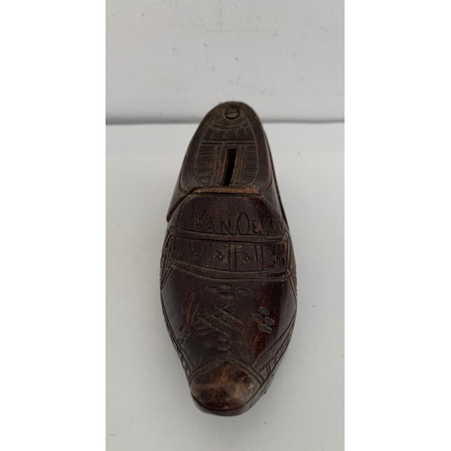 106 - Antique Carved Wood Money Box In The Shape Of A Shoe With Sliding Lid. Signed L. VanOekel And Dated ... 