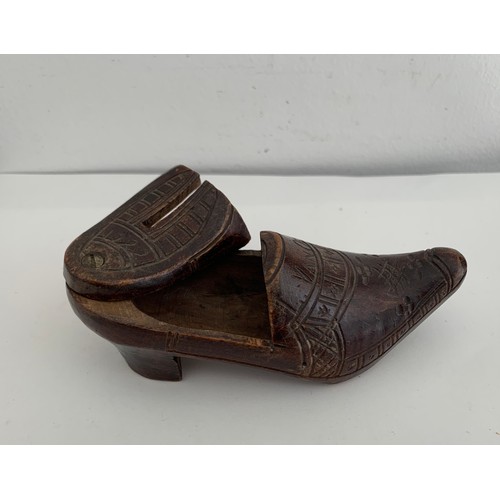 106 - Antique Carved Wood Money Box In The Shape Of A Shoe With Sliding Lid. Signed L. VanOekel And Dated ... 