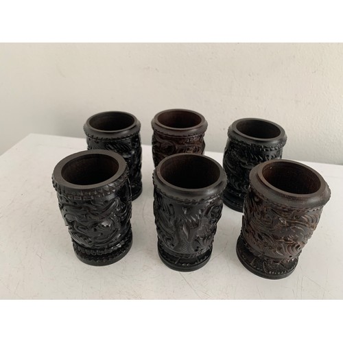 107 - Set Of 6 Carved Wooden Cups Having Various Animal Scenes
7 cms h