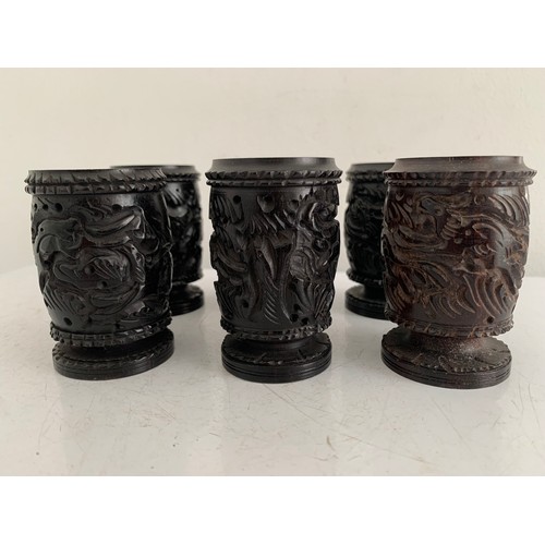 107 - Set Of 6 Carved Wooden Cups Having Various Animal Scenes
7 cms h