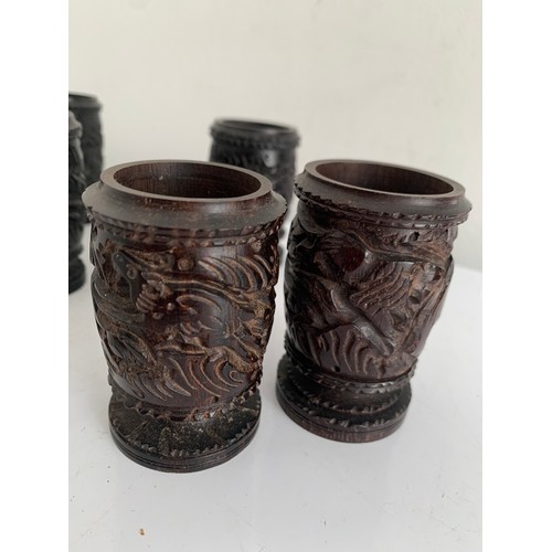 107 - Set Of 6 Carved Wooden Cups Having Various Animal Scenes
7 cms h