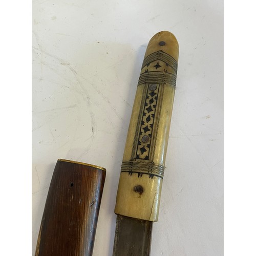 280 - Interesting Curved Bladed Knife In Wood Scabbard Possibly Ottoman With Bone Handle. 53.5 cms