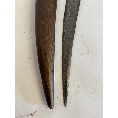 280 - Interesting Curved Bladed Knife In Wood Scabbard Possibly Ottoman With Bone Handle. 53.5 cms