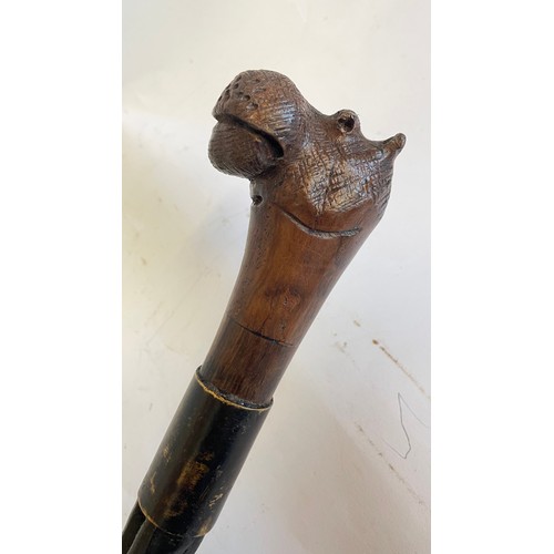 295 - Interesting Tribal Walking Stick With A Carved Wood Head In The Form Of A Hippo. 92.5 cms