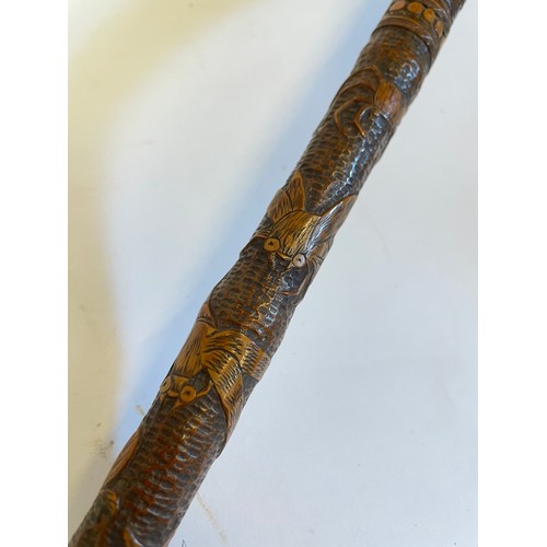 296 - Chinese Highly Decorated Bamboo Walking Stick With Dragonfly's , Crabs, Butterfly's Etc Carved The L... 