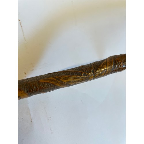 296 - Chinese Highly Decorated Bamboo Walking Stick With Dragonfly's , Crabs, Butterfly's Etc Carved The L... 