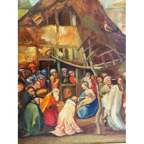 301 - Vintage Continental School Oil On Canvas Depicting The Birth Of Jesus. Overall Size  77 x 61 cms