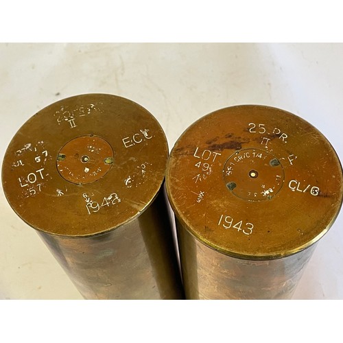 315 - Pair Of WW2 Brass Inert Military 25pndr Shells. 29.5 cms High