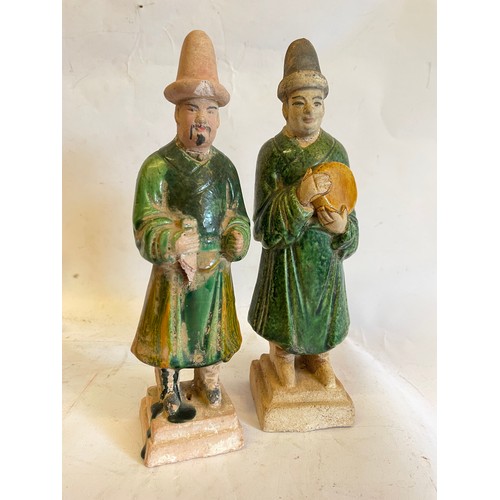 327 - Two Possibly Ming Dynasty Sancai Glazed Tomb Attendants. Tallest 21.5 cms (2)