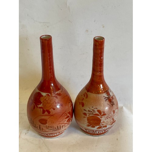 331 - Near Pair Of Meiji Era Kutani Bottle Vases With Cranes In Flight Decoration Signed To Base.