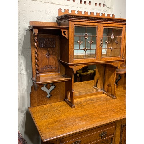 40 - Arts And Crafts  Glazed Unit With Carved Wood Decorated Doors And Copper Decorated Glass. 137 x 56 x... 