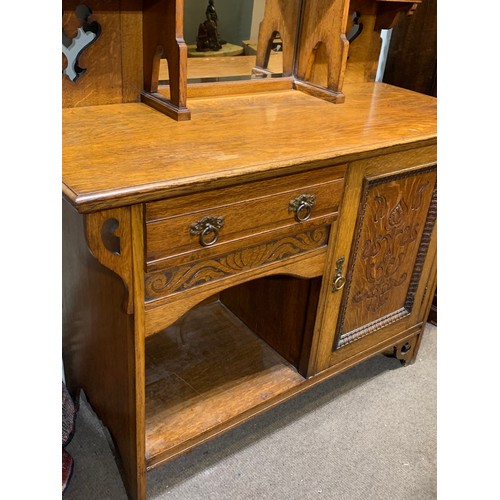 40 - Arts And Crafts  Glazed Unit With Carved Wood Decorated Doors And Copper Decorated Glass. 137 x 56 x... 