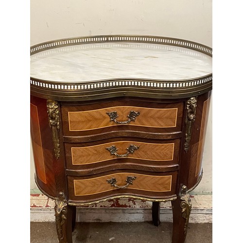 30 - French Louis XV Style Kidney Shape Marble Top Three Drawer Table With Decorative Brass work.  52 x 3... 