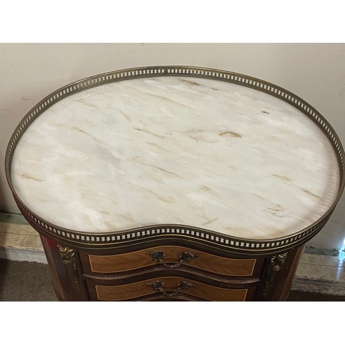 30 - French Louis XV Style Kidney Shape Marble Top Three Drawer Table With Decorative Brass work.  52 x 3... 