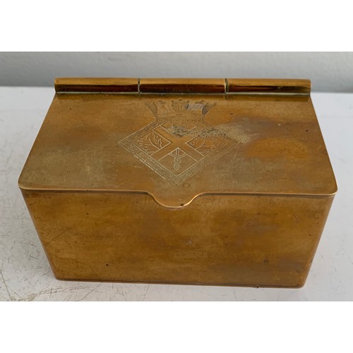 141 - Antique HMS Caledonia Brass Caddy Box Having Engraved Emblem To Top c1855
10 x 6 x 6 cms h