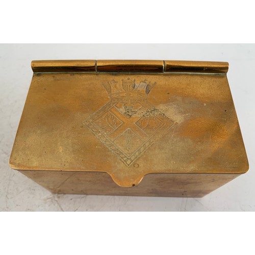 141 - Antique HMS Caledonia Brass Caddy Box Having Engraved Emblem To Top c1855
10 x 6 x 6 cms h