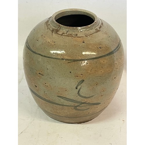 376 - Antique Chinese Blue And White Stoneware  Ginger Jar. 15 cms High