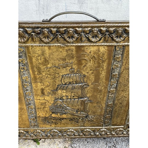 45 - Vintage Brass Fire Screen With Embossed Sail Ship To Front. 71 x 73 cms