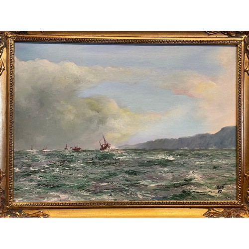 310 - Gilt Framed Oil On Board Of A Seascape, Signed Bottom Right. 45 x 35 cms