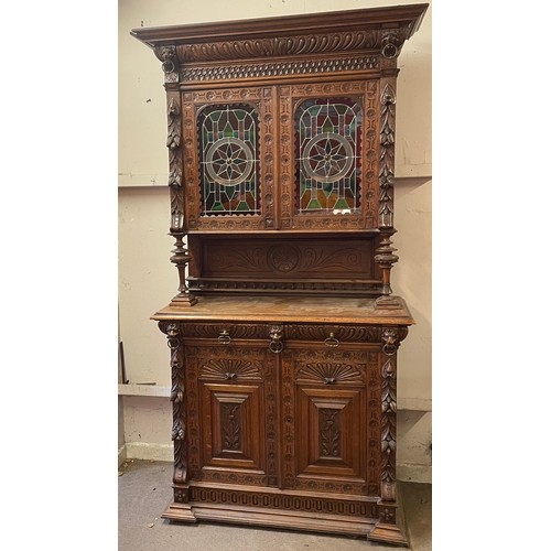 38 - Antique Continental Hunt Cabinet With Coloured Glass Door Panels Along With Carved Decoration To Inc... 