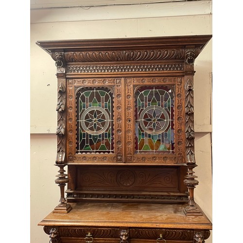 38 - Antique Continental Hunt Cabinet With Coloured Glass Door Panels Along With Carved Decoration To Inc... 