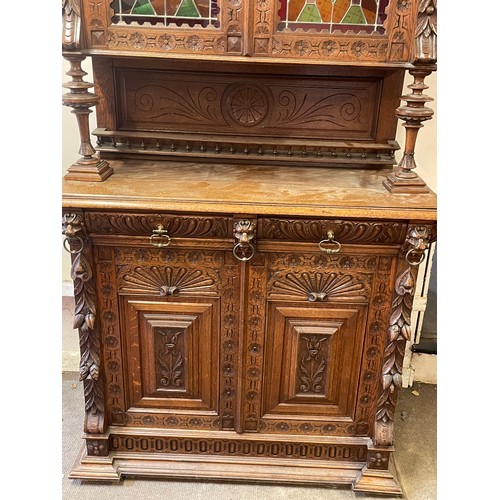 38 - Antique Continental Hunt Cabinet With Coloured Glass Door Panels Along With Carved Decoration To Inc... 