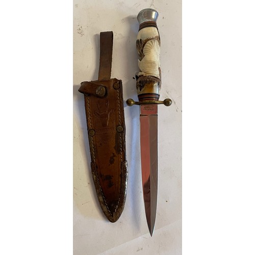 425 - Vintage German Hunting Knife With Solingen Blade And Antler Handle In Leather Sheath. 25 cms