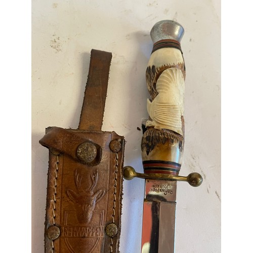 425 - Vintage German Hunting Knife With Solingen Blade And Antler Handle In Leather Sheath. 25 cms