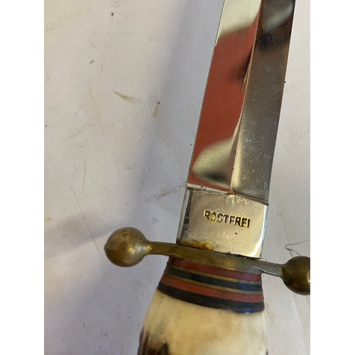 425 - Vintage German Hunting Knife With Solingen Blade And Antler Handle In Leather Sheath. 25 cms