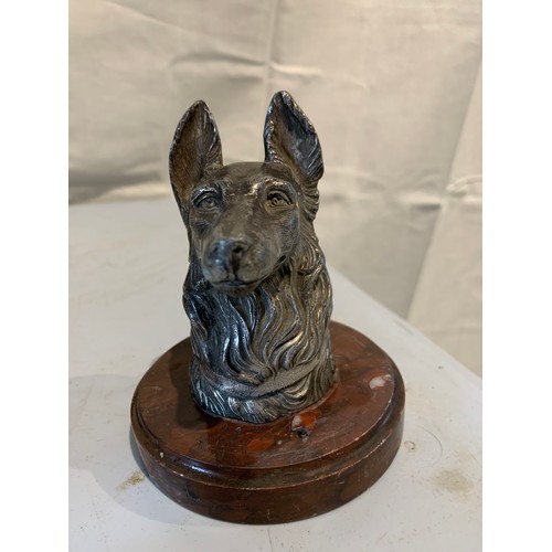 220 - Vintage Car Mascot Ornament In The Shape Of An Alsatian And Signed RuiTony On Red Marble Base