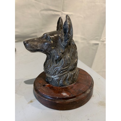 220 - Vintage Car Mascot Ornament In The Shape Of An Alsatian And Signed RuiTony On Red Marble Base