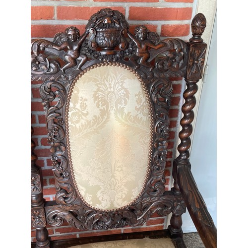 47 - Jacobean / Renaissance Revival Heavily Carved  With Cherub Decoration Sofa Seat /Settle