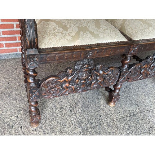 47 - Jacobean / Renaissance Revival Heavily Carved  With Cherub Decoration Sofa Seat /Settle