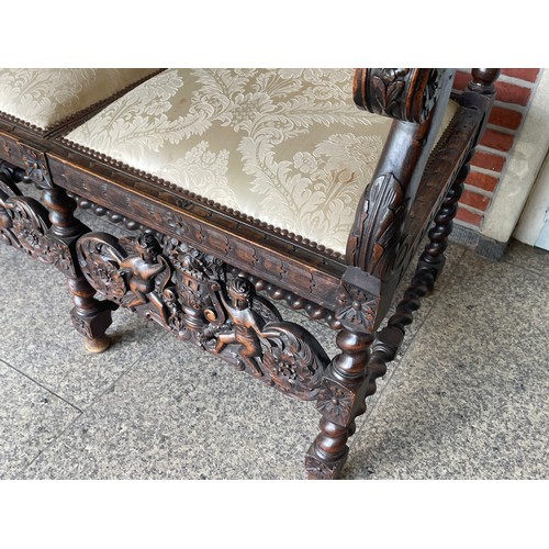 47 - Jacobean / Renaissance Revival Heavily Carved  With Cherub Decoration Sofa Seat /Settle