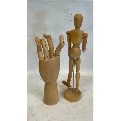 463 - Small Wooden Articulated Mannequin Along With A Articulated  Mannequin Hand . Tallest 32.5 cms High ... 