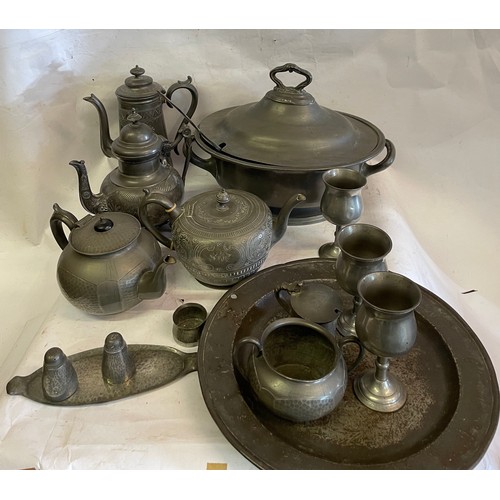 477 - Quantity Of Pewter To Include A Early Serving Plate Tureen Etc  Box.