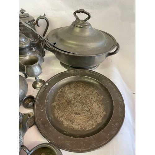 477 - Quantity Of Pewter To Include A Early Serving Plate Tureen Etc  Box.