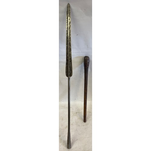 479 - Vintage Maasai Spear Tip Along With A Fighting Club As Found.(2) Spear Tip Measures 73 cms