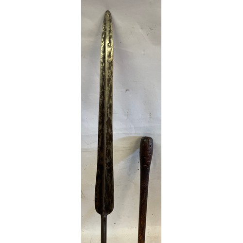 479 - Vintage Maasai Spear Tip Along With A Fighting Club As Found.(2) Spear Tip Measures 73 cms