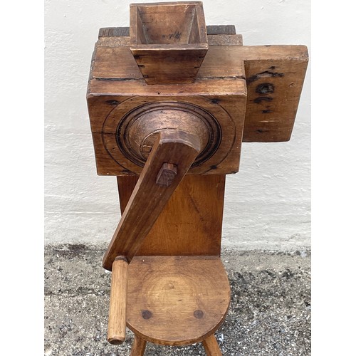 485 - Antique Wood Hand Crank Flour / Grain Grinder 88 cms High