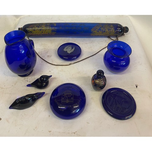 488 - Antique Bristol Blue Glass Sailors Love Token Rolling Pin Along With Other Blue Glass ware.