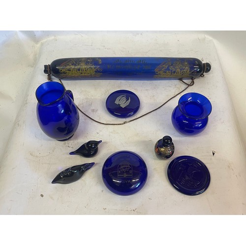 488 - Antique Bristol Blue Glass Sailors Love Token Rolling Pin Along With Other Blue Glass ware.