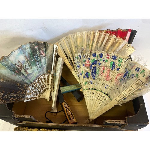 490 - Box Of Various Hand Held Fans Along With Two Framed Miniatures.