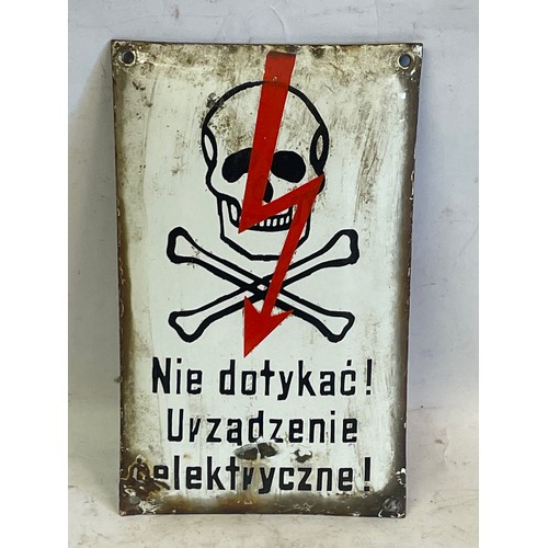 498 - Vintage Enamel Skull And Cross bone Warning Sign. 24 x 15 cms