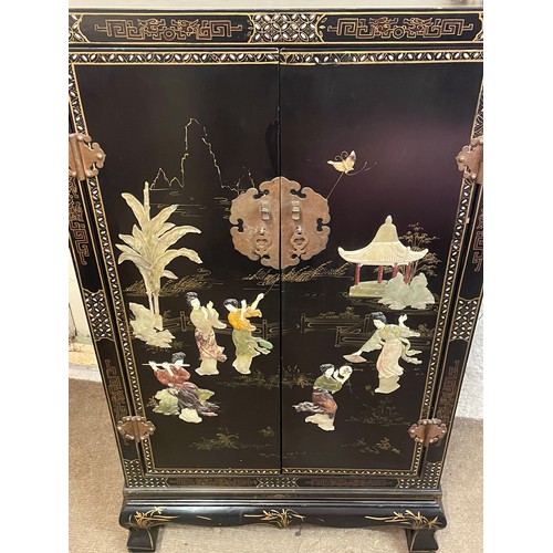 3 - Vintage Chinese Cupboard With Decorative Hardstone Decoration. 67 x 41 x 123 cms