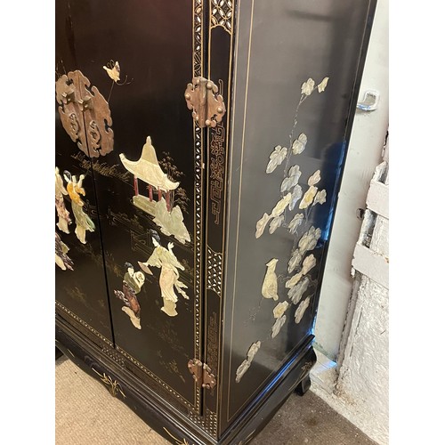 3 - Vintage Chinese Cupboard With Decorative Hardstone Decoration. 67 x 41 x 123 cms