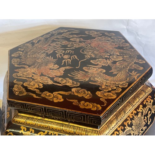 8 - Chinese Black Lacquered With Hand Painted Dragon Decoration Side Table. 56 x 46 cms