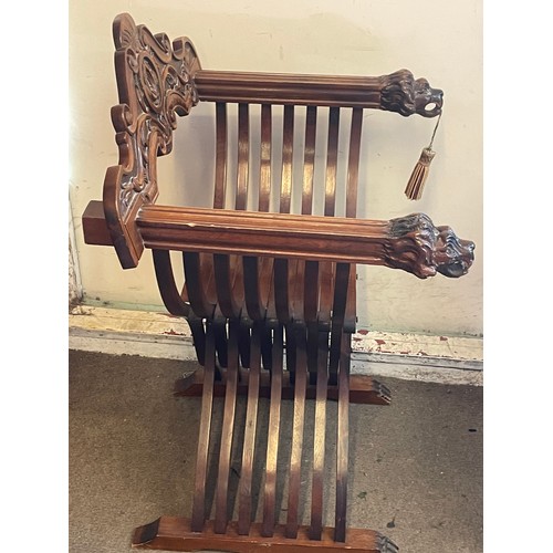 9 - Savonarola / X Frame Chair With Carved Lion Head Arm rests. .