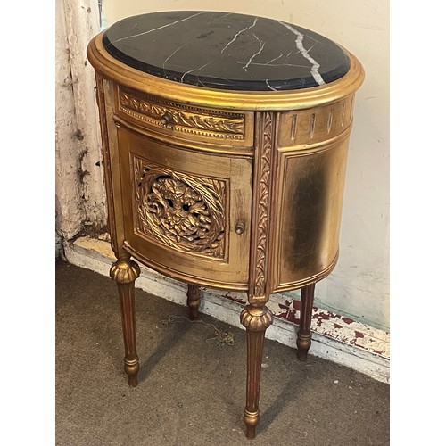 15 - French Giltwood With Oval Marble Top Bedside. 50 x 37 x 76 cms